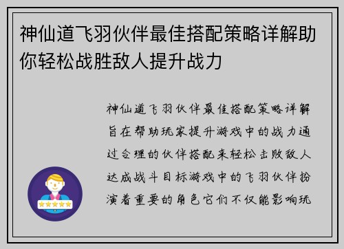 神仙道飞羽伙伴最佳搭配策略详解助你轻松战胜敌人提升战力